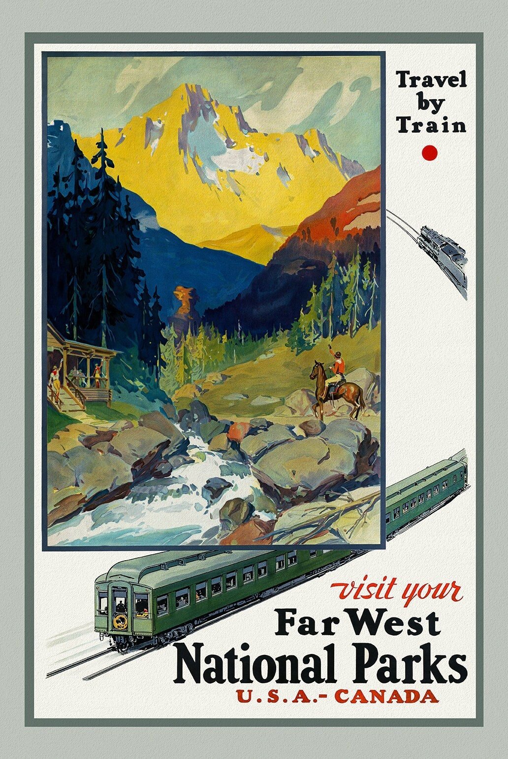 Travel By Train, USA - Canada , vintage train travel poster on heavy cotton canvas, 50 x 70 cm, 20 x 25" approx. - The Map Chest