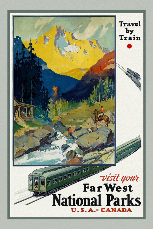 Travel By Train, USA - Canada , vintage train travel poster on heavy cotton canvas, 50 x 70 cm, 20 x 25" approx. - The Map Chest