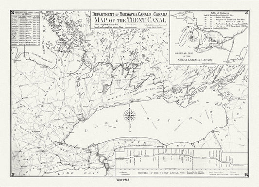 Trent Canal, Ontario, in 1918. It shows uncompleted and completed canals, railroads, and distances between major cities, 20 x 25" approx. - The Map Chest