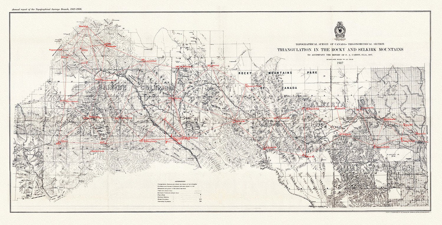 Triangulation in the Rocky and Selkirk Mountains, 1907, map on heavy cotton canvas, 50 x 70cm, 20 x 25" approx. - The Map Chest