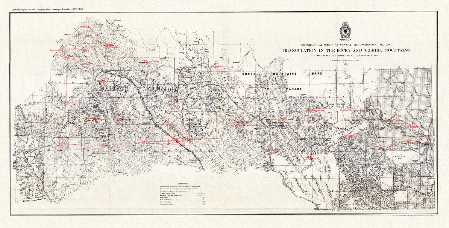 Triangulation in the Rocky and Selkirk Mountains, 1907, map on heavy cotton canvas, 50 x 70cm, 20 x 25" approx. - The Map Chest