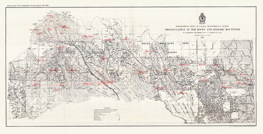 Triangulation in the Rocky and Selkirk Mountains, 1907, map on heavy cotton canvas, 50 x 70cm, 20 x 25" approx. - The Map Chest