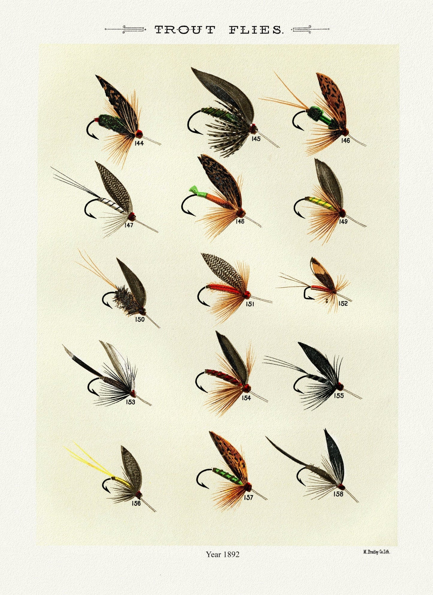 Trout Flies, 1892 by Mary Orvis Marbury, vintage nature print on canvas, 50 x 70 cm, 20 x 25" approx. - The Map Chest