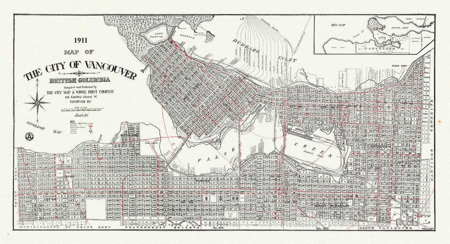 Vancouver, A City Map, 1911 , map on heavy cotton canvas, 45 x 65 cm, 18 x 24" approx. - The Map Chest