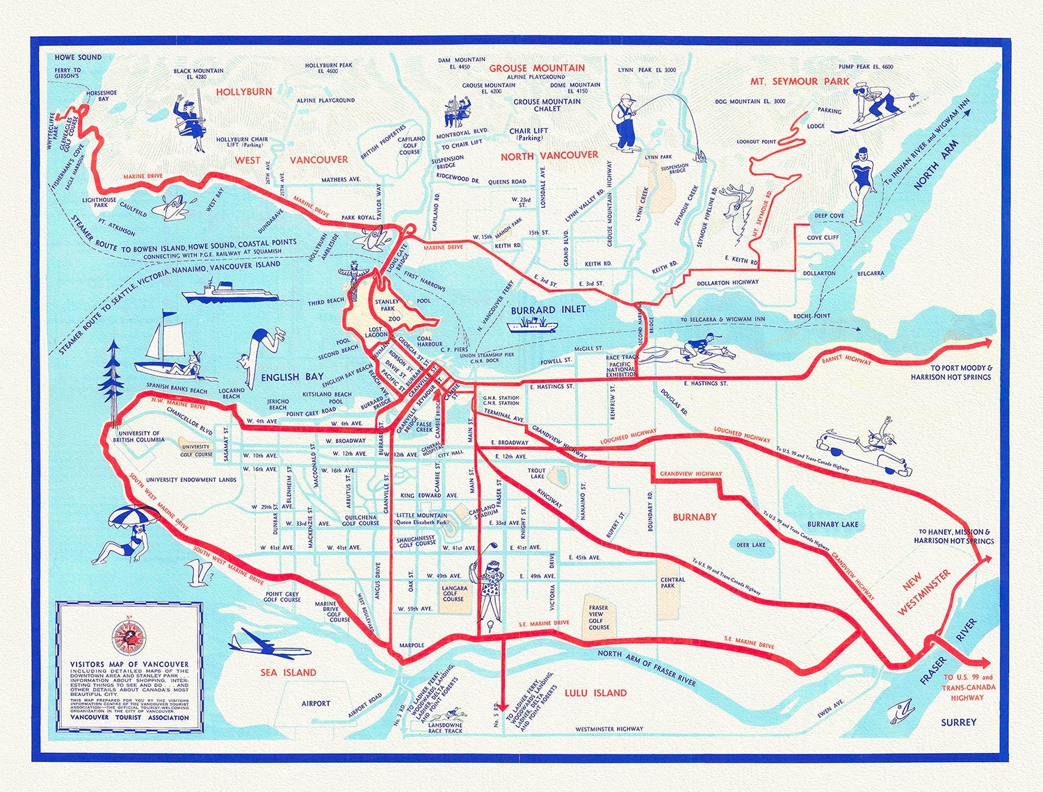 Vancouver, A Tourist Map of the City , map on heavy cotton canvas, 45 x 65 cm, 18 x 24" approx. - The Map Chest