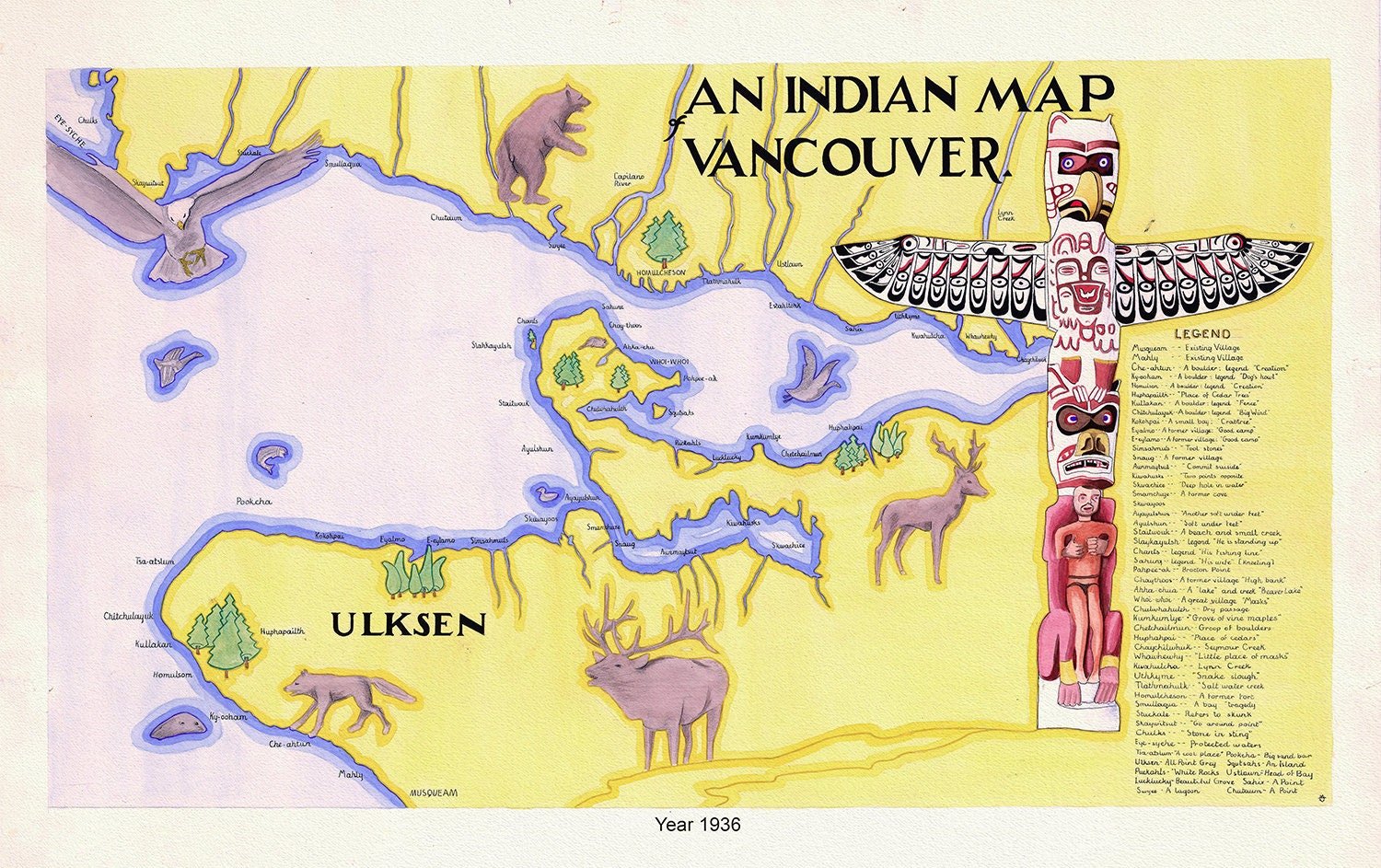 Vancouver, An Indian Map, 1936, map on heavy cotton canvas, 45 x 65 cm, 18 x 24" approx. - The Map Chest