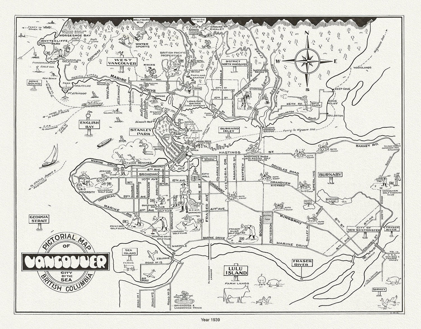Vancouver, City by the Sea, A Pictorial Map, 1939 , on heavy cotton canvas, 45 x 65 cm, 18 x 24" approx. - The Map Chest