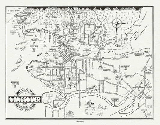 Vancouver, City by the Sea, A Pictorial Map, 1939 , on heavy cotton canvas, 45 x 65 cm, 18 x 24" approx. - The Map Chest