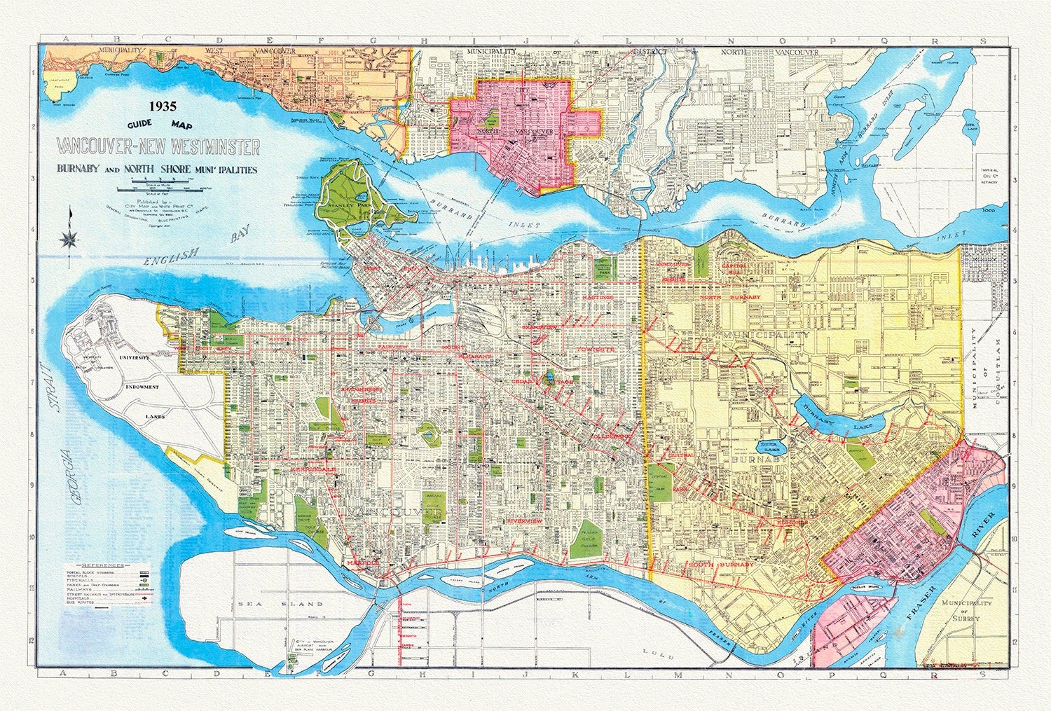 Vancouver, New Westminster, Burnaby and North Shore municipalities. A Guide map, 1935, on heavy cotton canvas, 45 x 65 cm, 18 x 24" approx. - The Map Chest