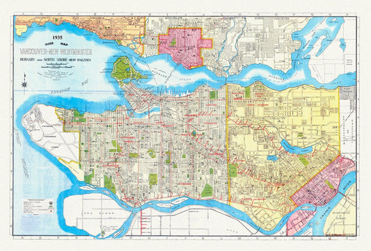 Vancouver, New Westminster, Burnaby and North Shore municipalities. A Guide map, 1935, on heavy cotton canvas, 45 x 65 cm, 18 x 24" approx. - The Map Chest