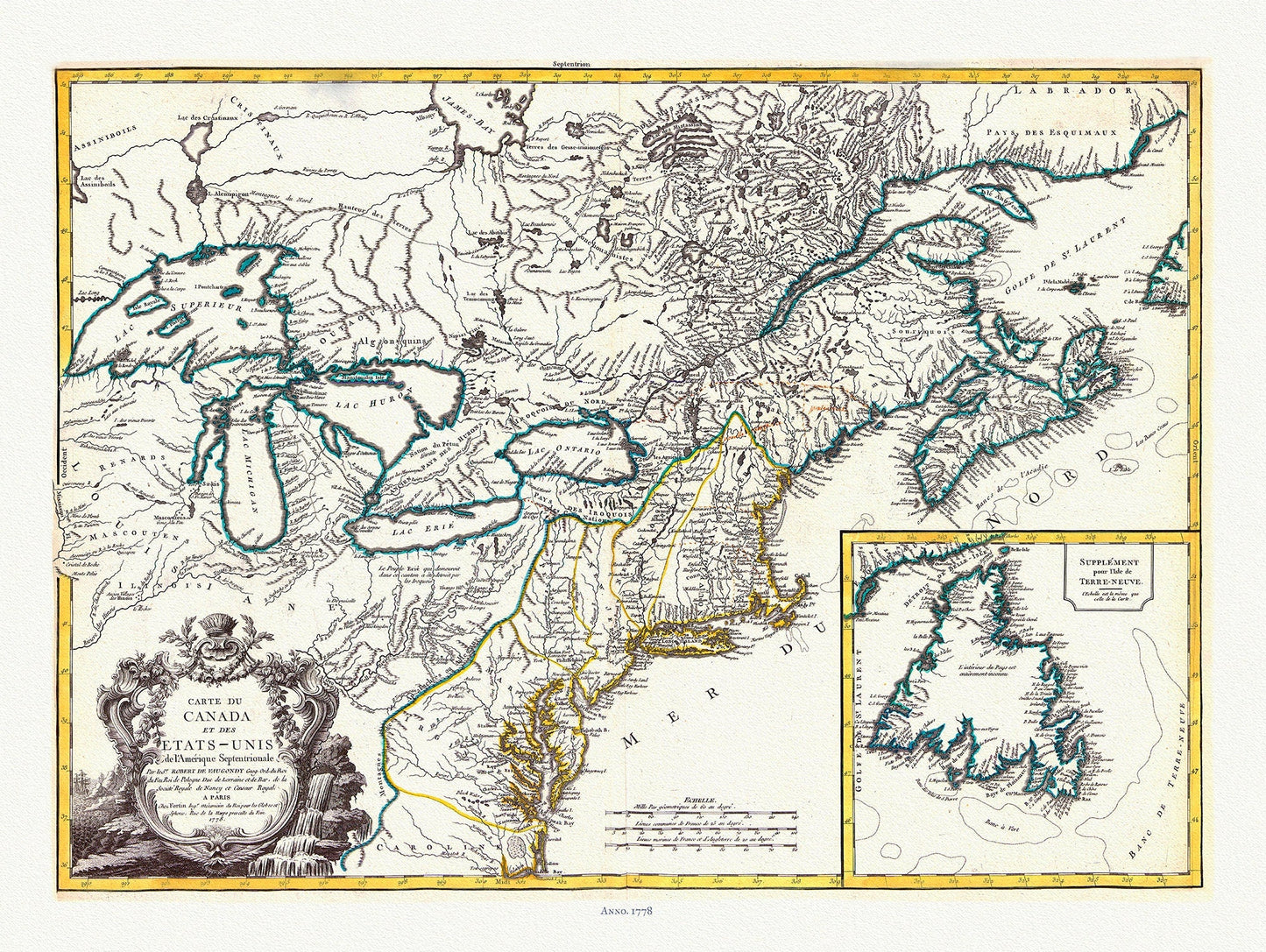 Vaugondy, Carte du Canada et des Etats Unis de l'Amérique Septentrionale, 1778 , map on heavy cotton canvas, 22x27" approx. - The Map Chest