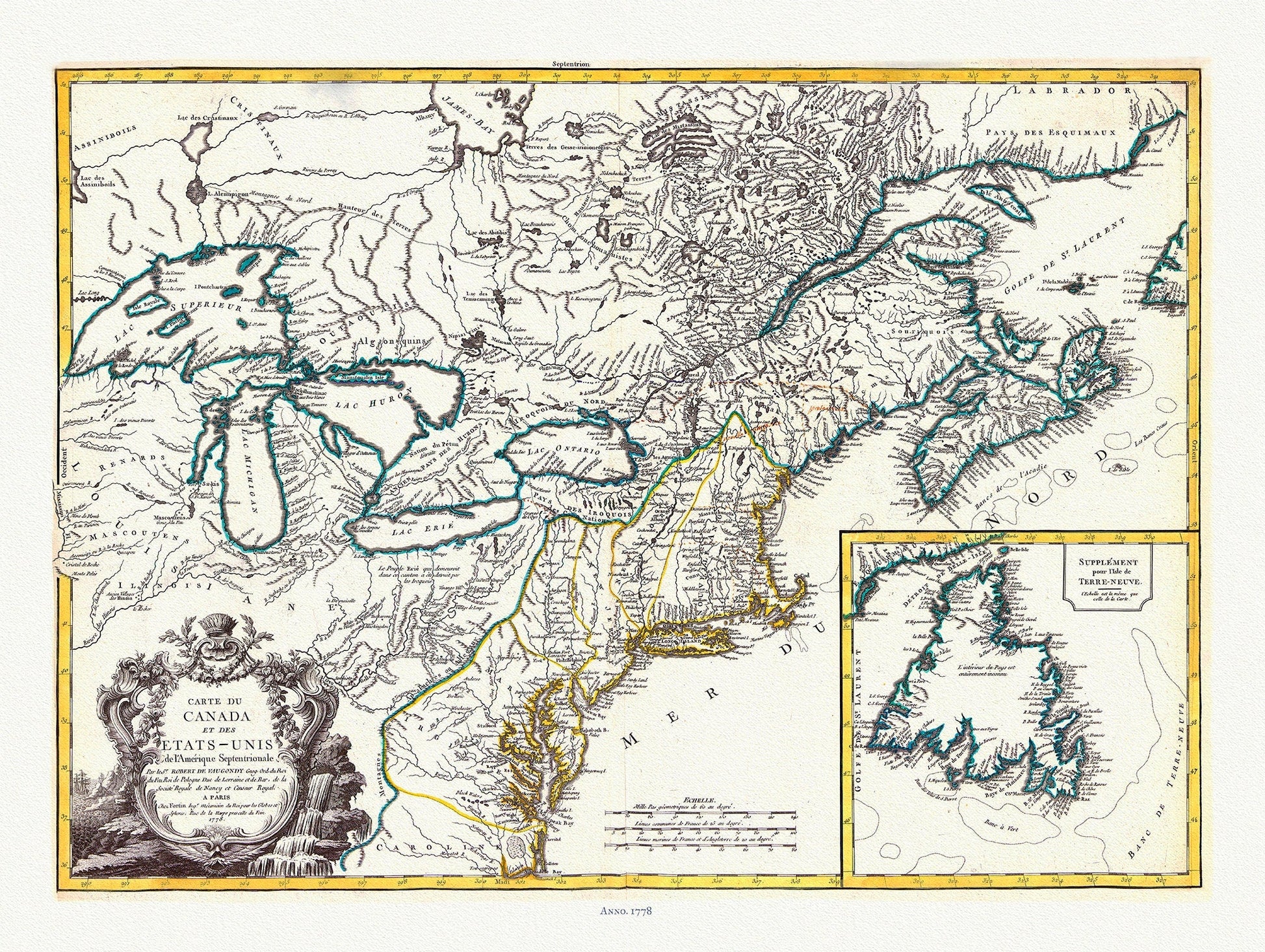 Vaugondy, Carte du Canada et des Etats Unis de l'Amérique Septentrionale, 1778 , map on heavy cotton canvas, 22x27" approx. - The Map Chest