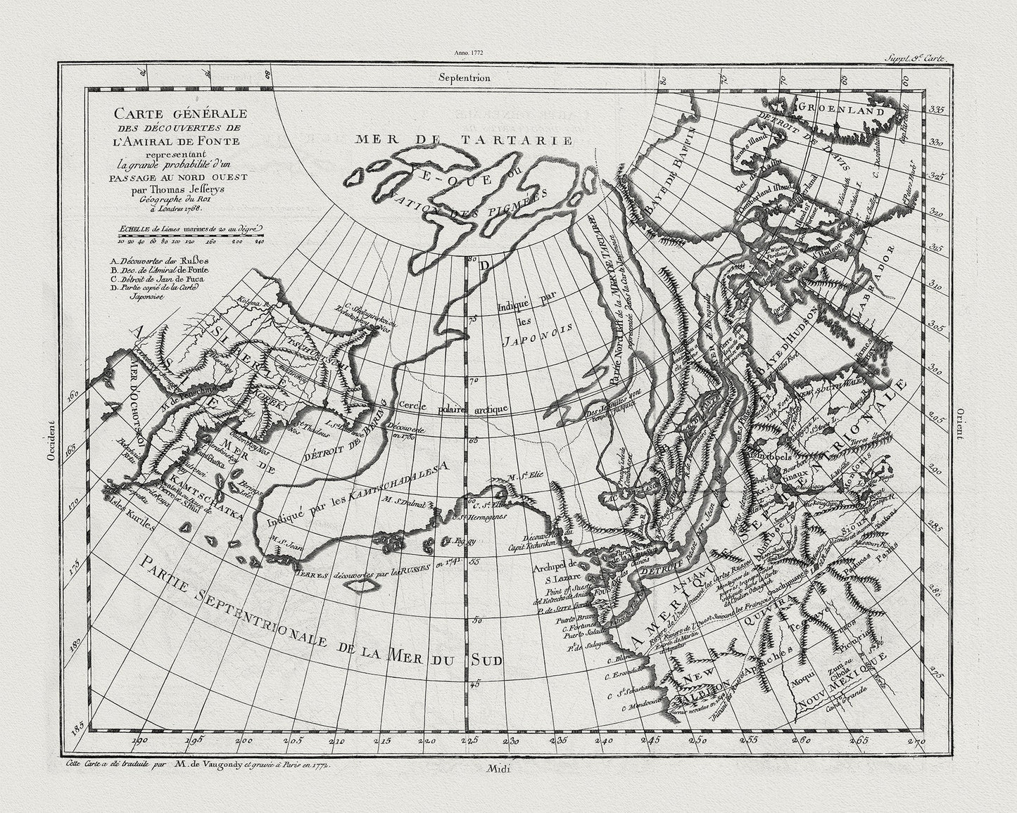 Vaugondy, Carte Générale des Découvertes de l'Amiral de Fonte (Northwest Passage), 1772, map on heavy cotton canvas, 22x27" approx. - The Map Chest