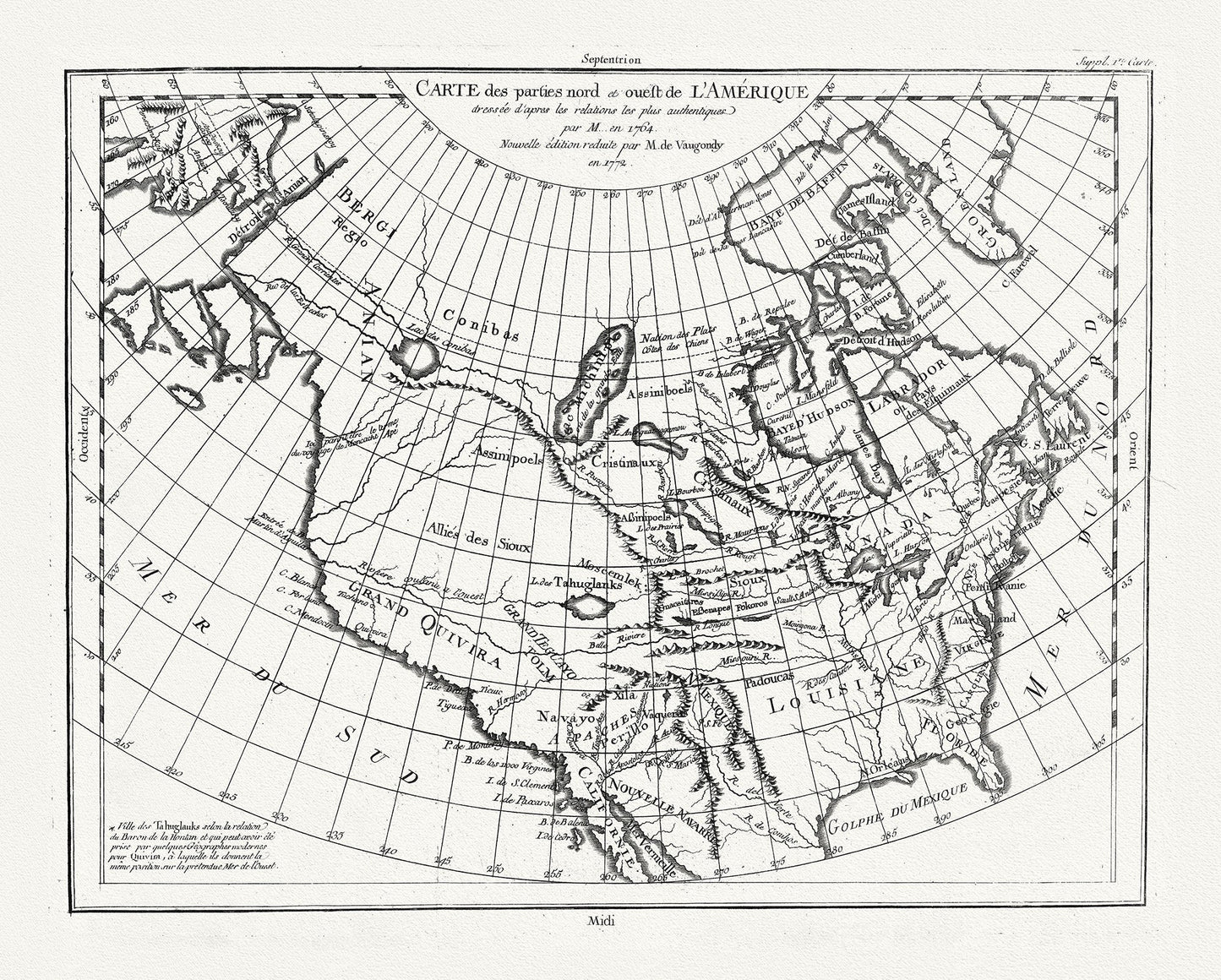 Vaugondy et Diderot, Carte des parties nord et ouest de L'Amerique, 1772 , map on heavy cotton canvas, 22x27" approx. - The Map Chest
