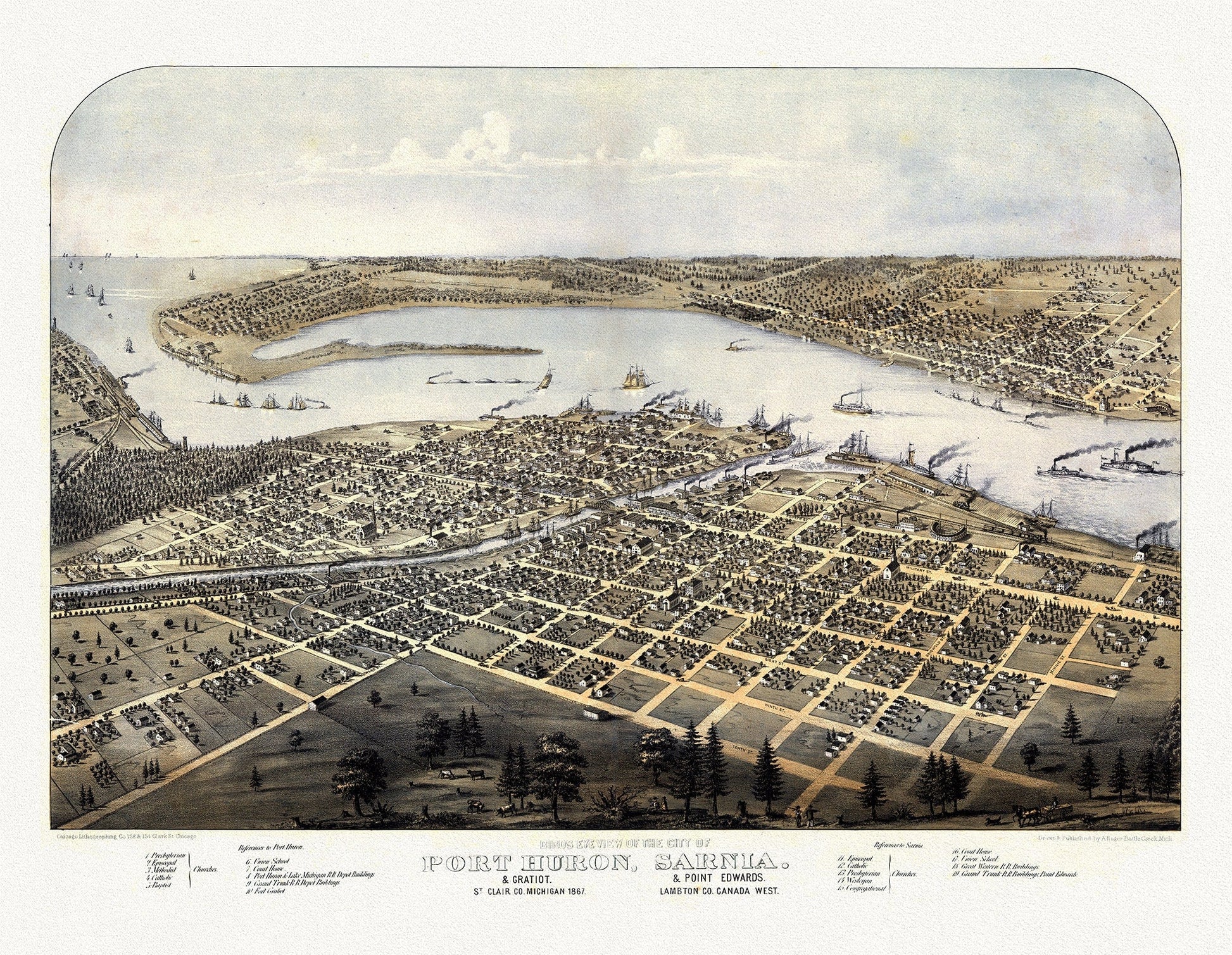 View of the City of Port Huron, Sarnia & Gratiot, Michigan, Point Edwards, Lambton Co., Canada West, 1867, canvas, 22x27" - The Map Chest