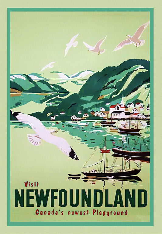 Visit Newfoundland Canada, 1965, Travel Poster on heavy cotton canvas, 22x27" approx. - The Map Chest