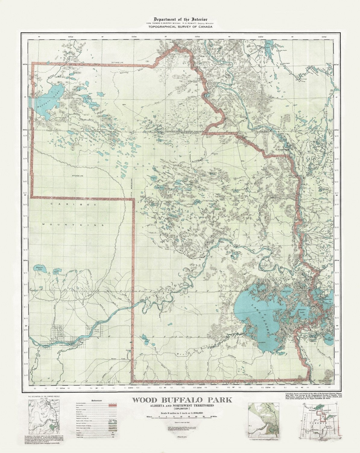 Wood Buffalo Park, Alberta and Northwest Territories, 1931 , map on heavy cotton canvas, 22x27" approx. - The Map Chest