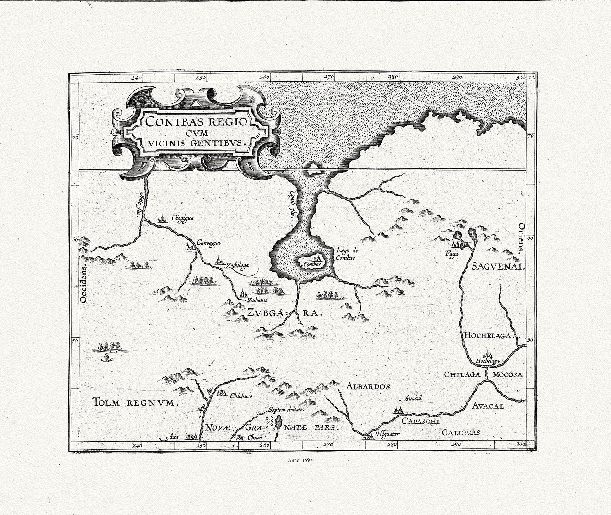 Wytfliet, Corneille, Conibas regio cum vicinis gentibus, (Central Canada), 1597, map on heavy cotton canvas, 22x27" approx. - The Map Chest