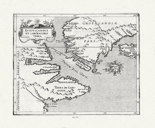 Wytfliet, Corneille, Estotilandia et Laboratoris Terra, ( East Coast Canada), 1597, map on heavy cotton canvas, 22x27" approx. - The Map Chest