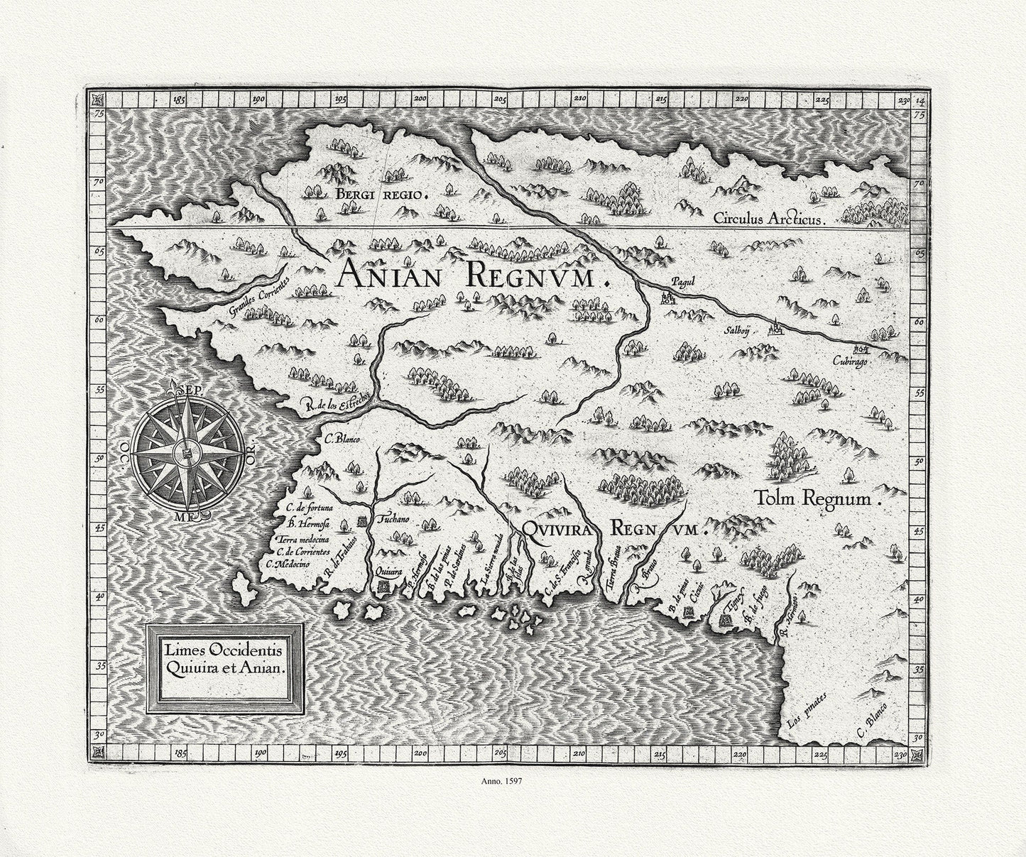 Wytfliet, Corneille, Limes Occidentis Quivira et Anian,( Northern California to Mythical Northwest Passage), 1597E, canvas map, 22x27" - The Map Chest
