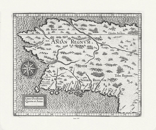 Wytfliet, Corneille, Limes Occidentis Quivira et Anian,( Northern California to Mythical Northwest Passage), 1597E, canvas map, 22x27" - The Map Chest