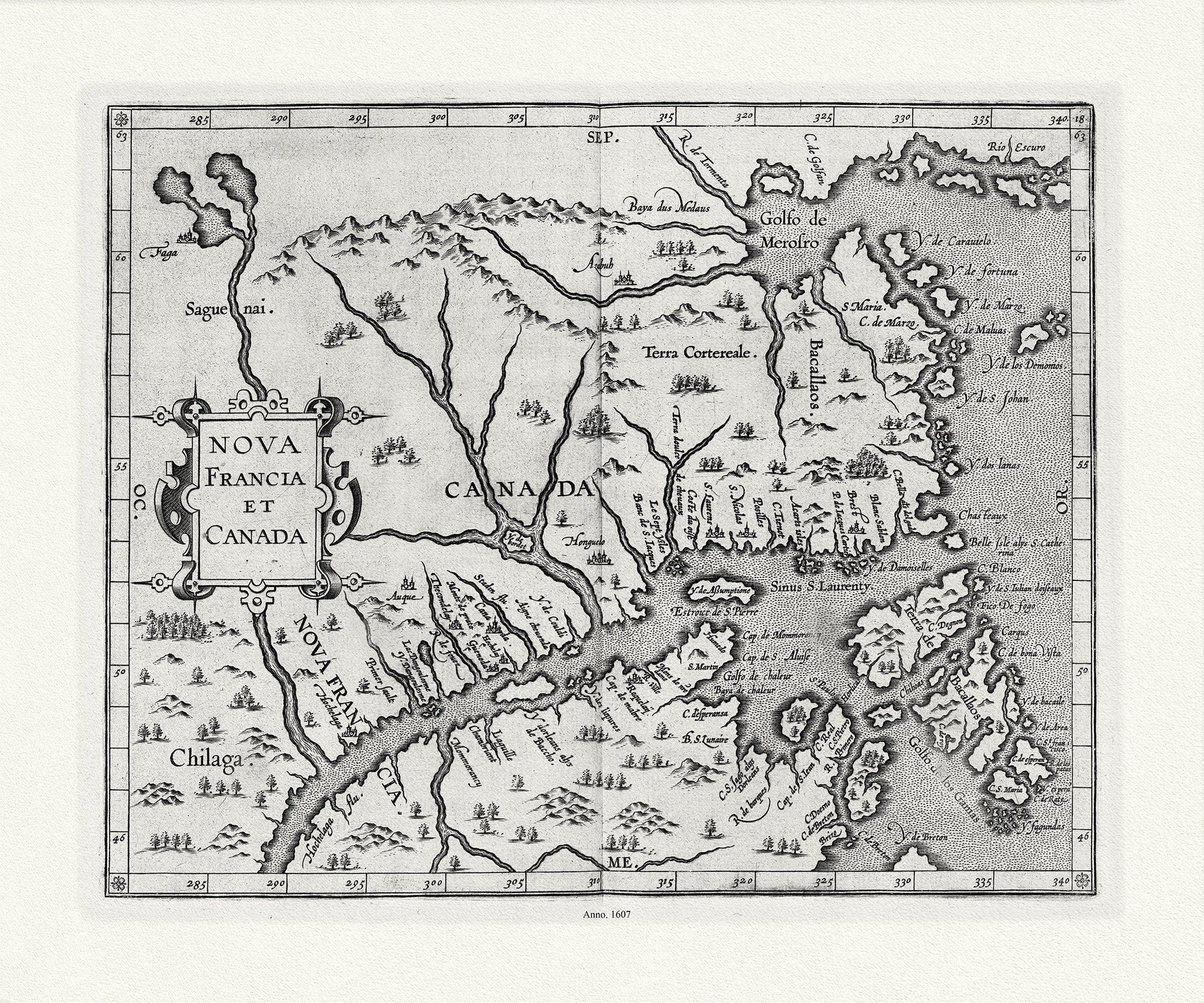 Wytfliet, Corneille, Nova Francia et Canada, 1607 , map on heavy cotton canvas, 22x27" approx. - The Map Chest