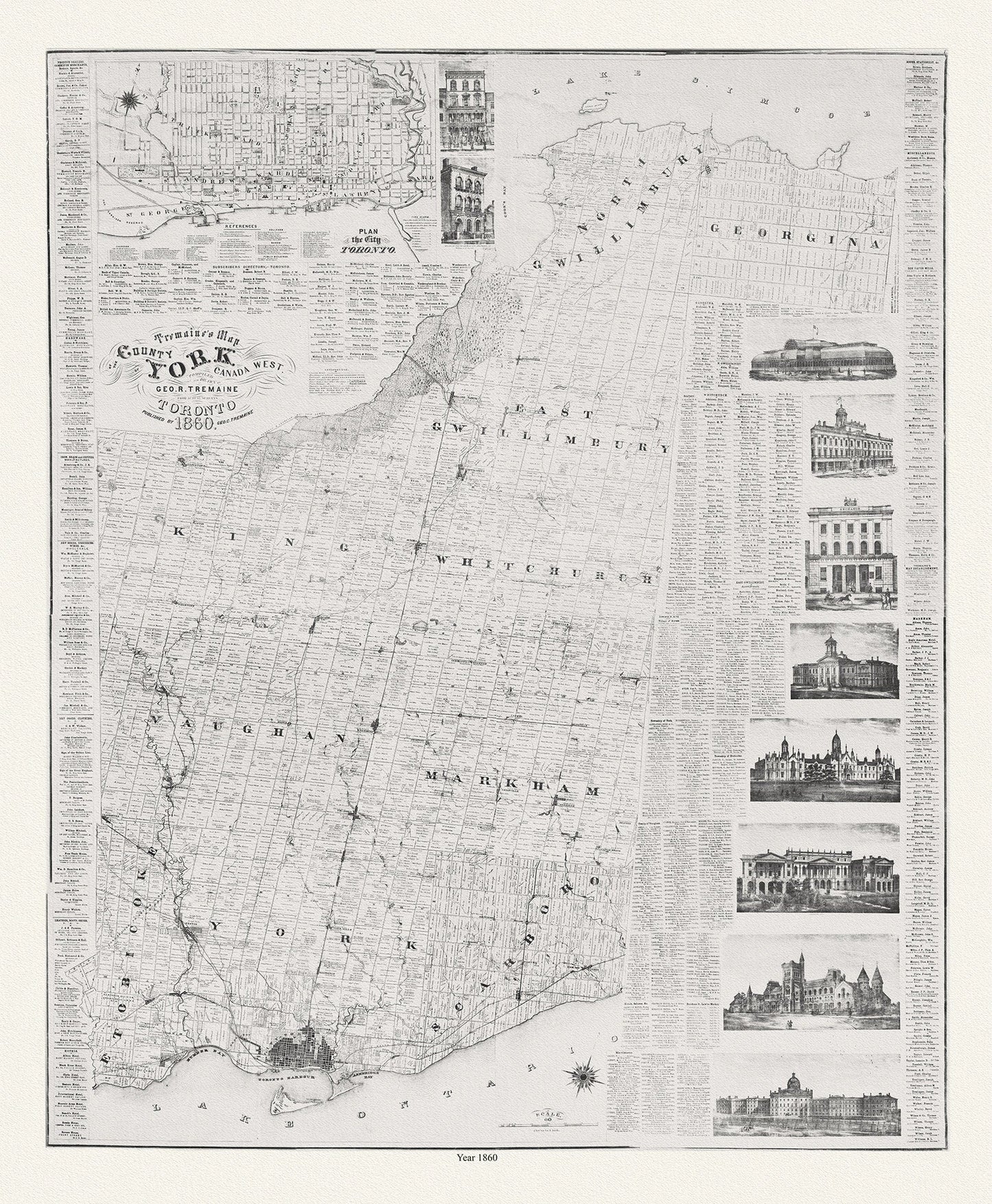 York County: Tremaine's Map of the County of York, Canada West, 1860, map on heavy cotton canvas, 22x27" approx. - The Map Chest