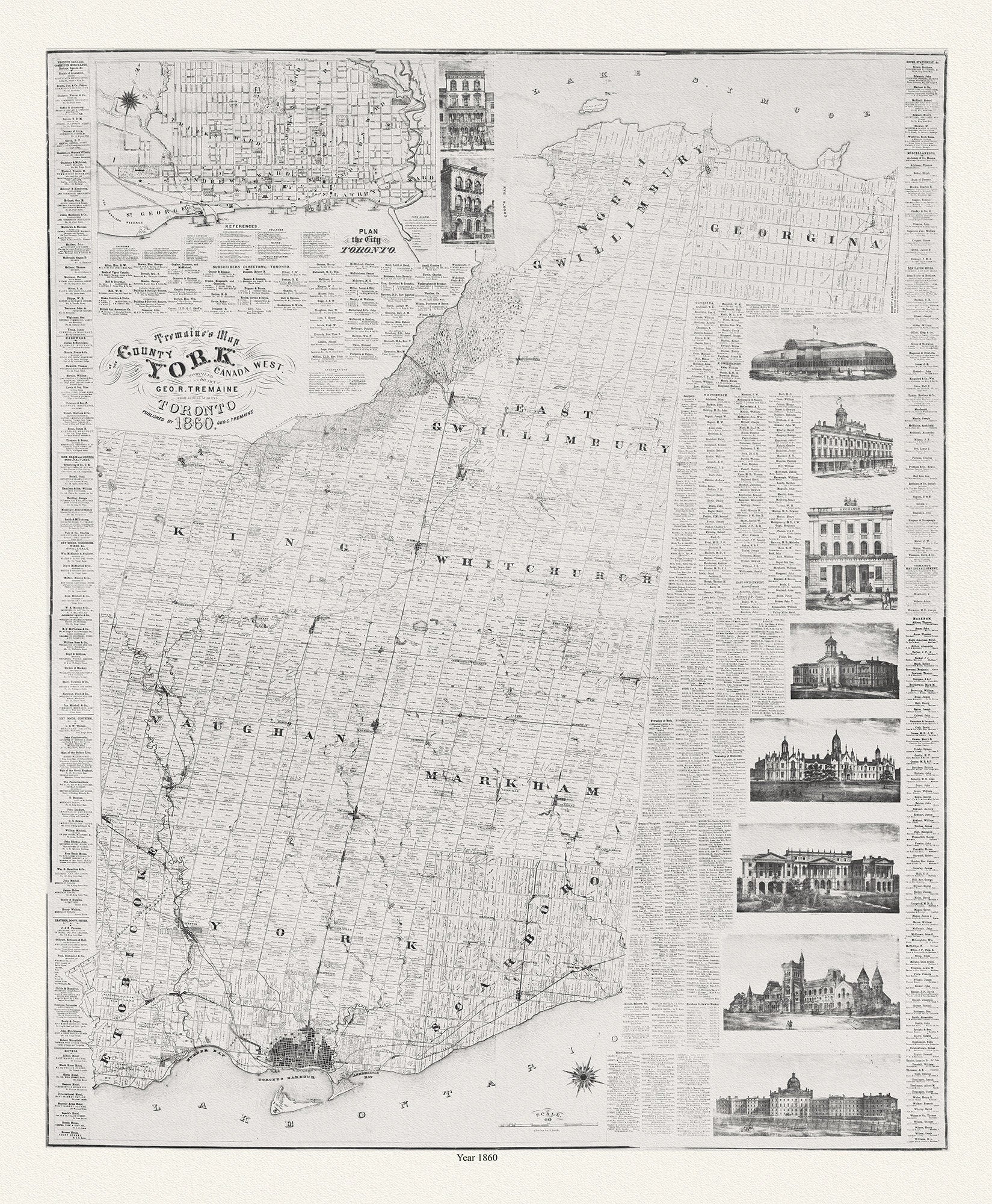 York County: Tremaine's Map of the County of York, Canada West, 1860, map on heavy cotton canvas, 22x27" approx. - The Map Chest