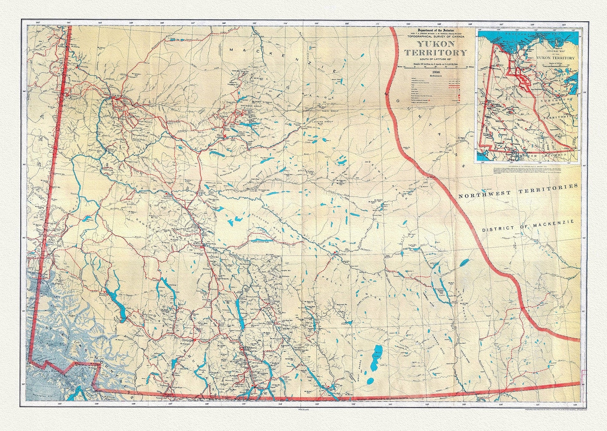 Yukon Territory, South of Latitude 65 degrees ,1936, Vintage Map on Cotton Canvas, 22x27" approx. - The Map Chest
