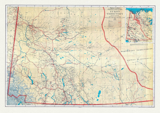 Yukon Territory, South of Latitude 65 degrees ,1936, Vintage Map on Cotton Canvas, 22x27" approx. - The Map Chest
