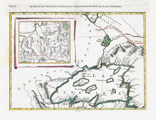 Zatta, Zuiliani, Novelli et Pitteri - Il Paese de' Selvaggi Outauacesi, e Kilistinesi Intorno al Lago Superiore, 1778, on cotton canvas,22x27" - The Map Chest