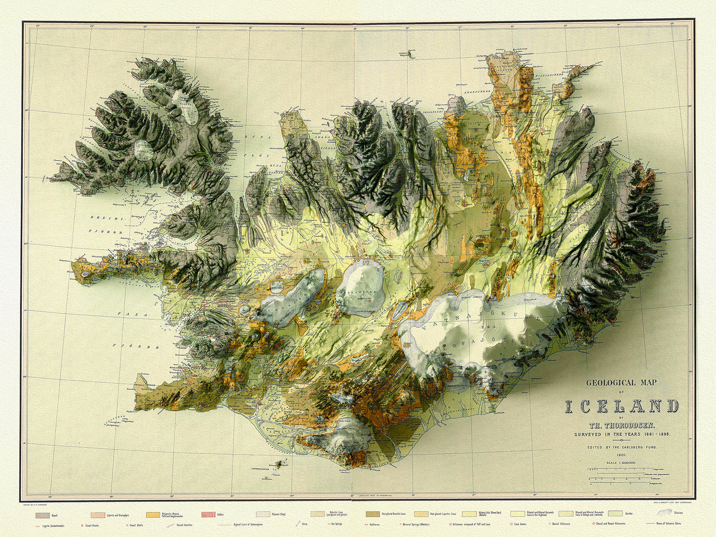 Atlantic Ocean: A Geological Map of Iceland, In High Relief