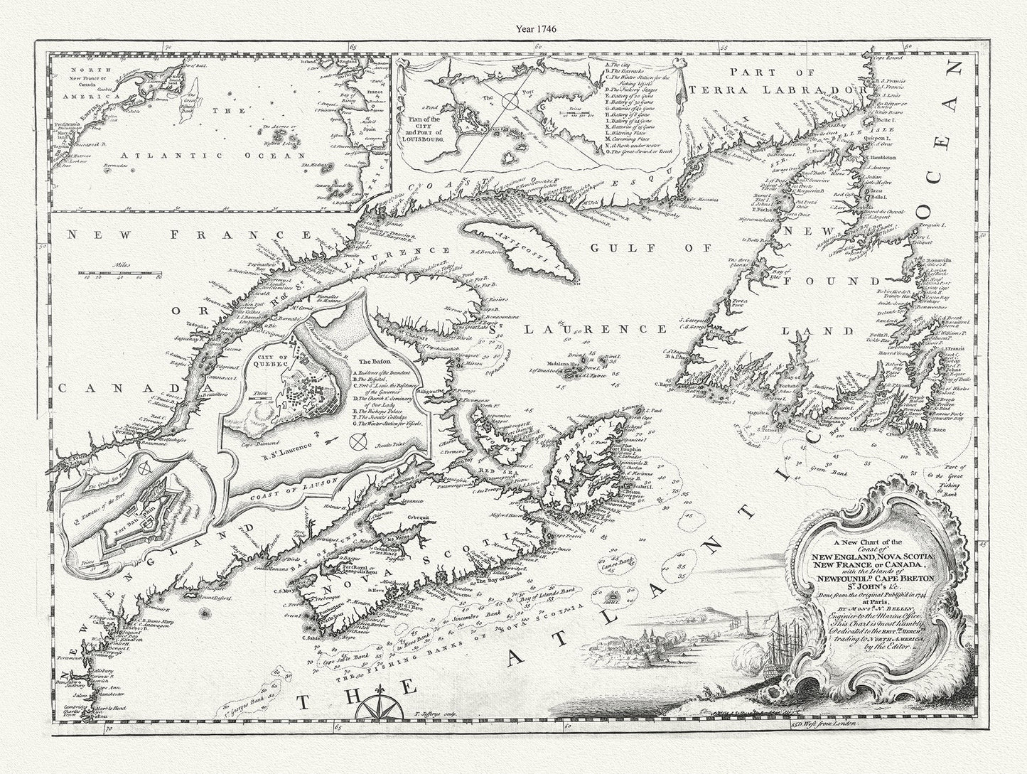 A new chart of the coast of New England, Nova Scotia, New France or Canada, with the islands of Newfoundland., Cape Breton, St. John's &c.Jefferys, 1746 - The Map Chest