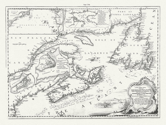 A new chart of the coast of New England, Nova Scotia, New France or Canada, with the islands of Newfoundland., Cape Breton, St. John's &c.Jefferys, 1746 - The Map Chest