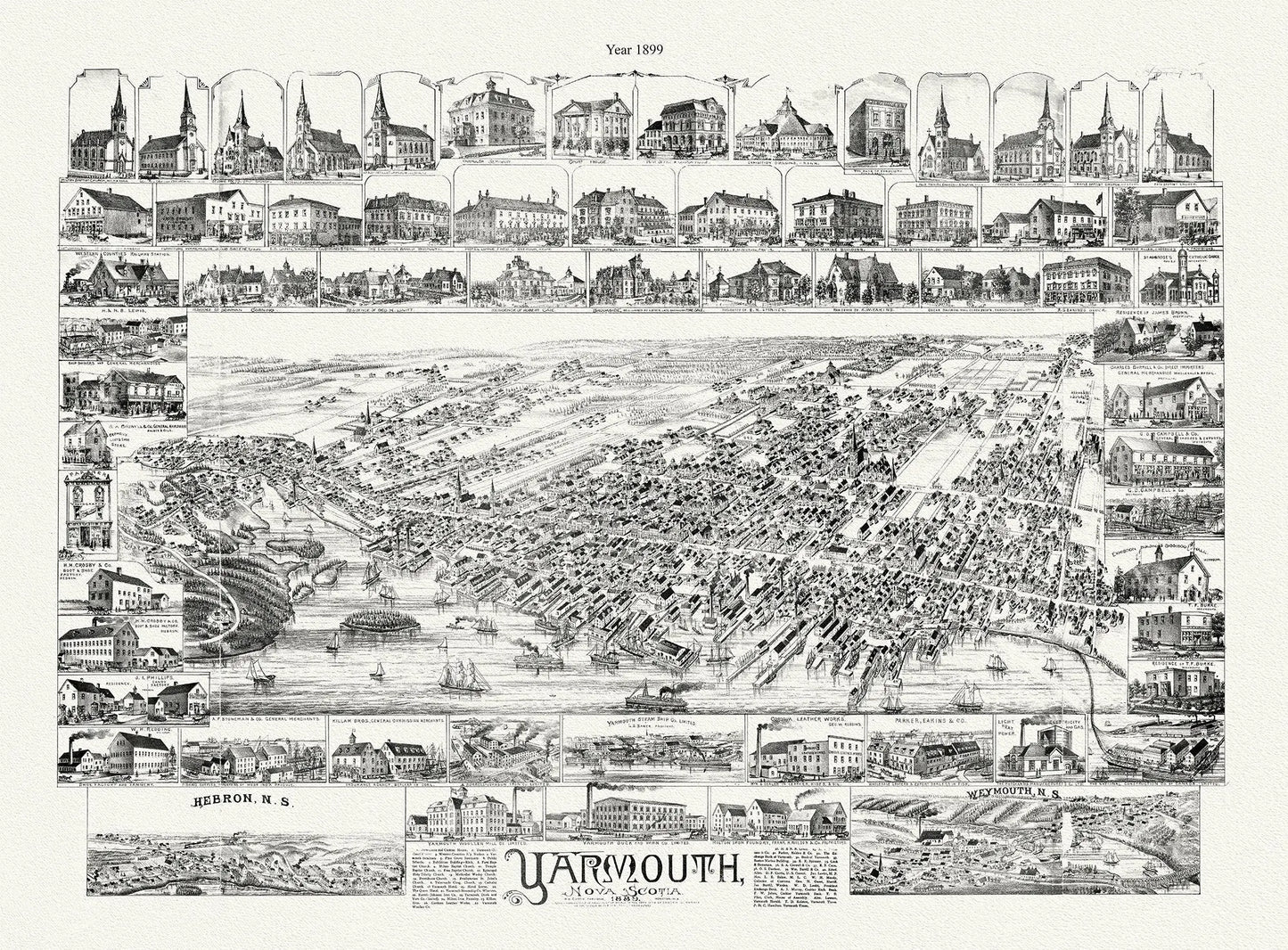 Yarmouth, Nova Scotia, A Bird's Eye View, 1889 , map on durable cotton canvas, 50 x 70 cm, 20 x 25" approx. - Image #1