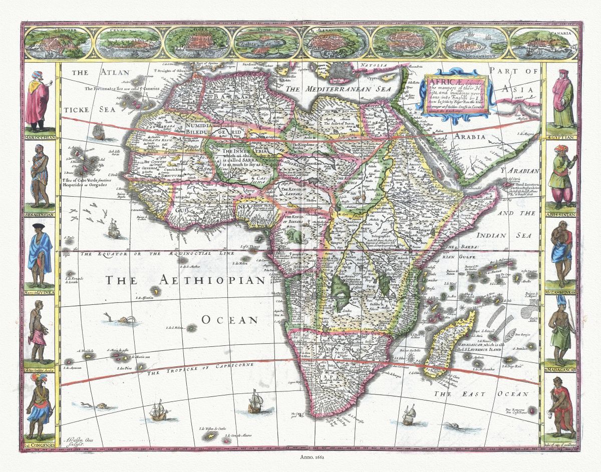 Africa: Africæ, described, the manners of their habits and buildings, newly done into English.1662, Speed auth. - The Map Chest