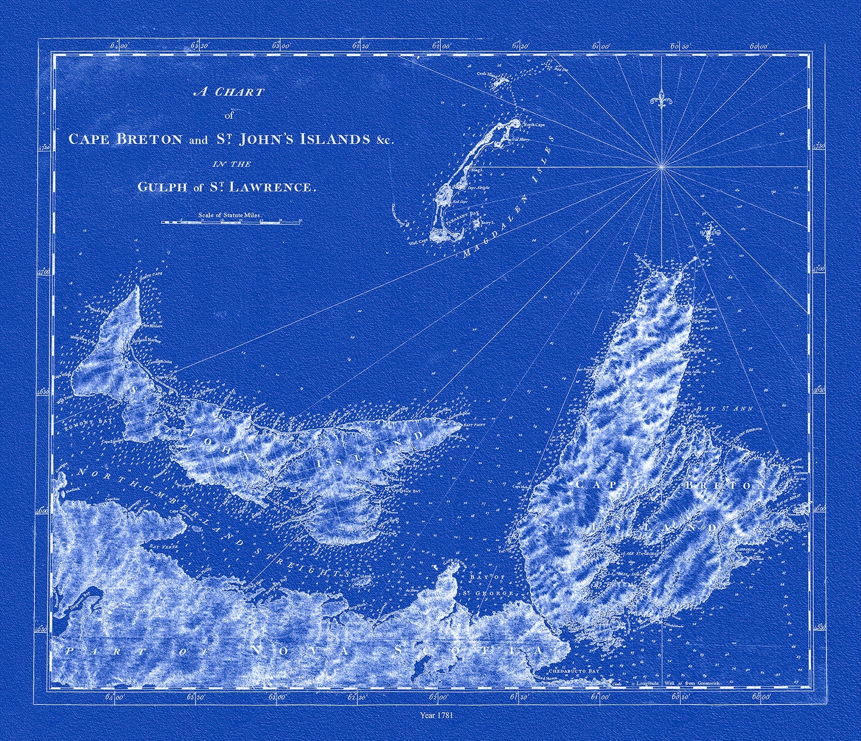 Atlantic Canada: A chart of Cape Breton and St. John's Islands &c. in the gulph of St. Lawrence, Des Barres auth.,1781, Cyanotype - The Map Chest