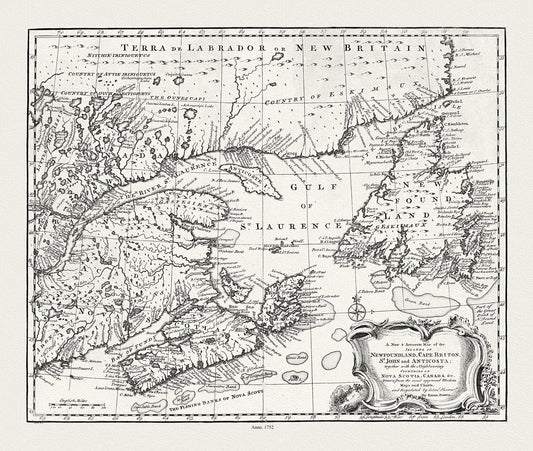 Atlantic Canada: Bowen, A new & accurate map of the islands of Newfoundland, Cape Breton, St. John and Anticosta, together with the neighbouring countries of Nova Scotia, Canada, &c, 1752 - The Map Chest