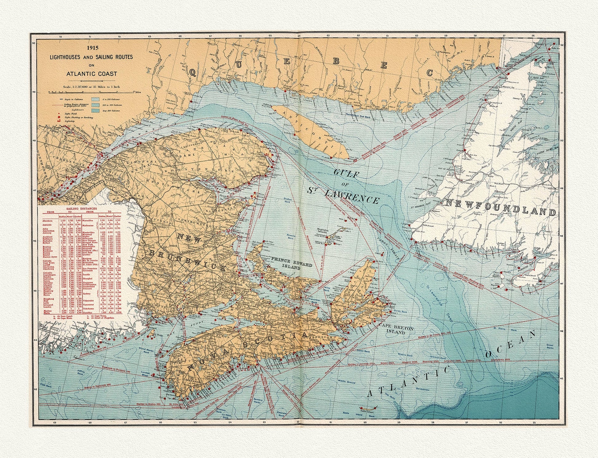 Atlantic Canada: Canada Department of the Interior et Chalifour, Lighthouses and sailing routes on Atlantic coast, 1915 - The Map Chest