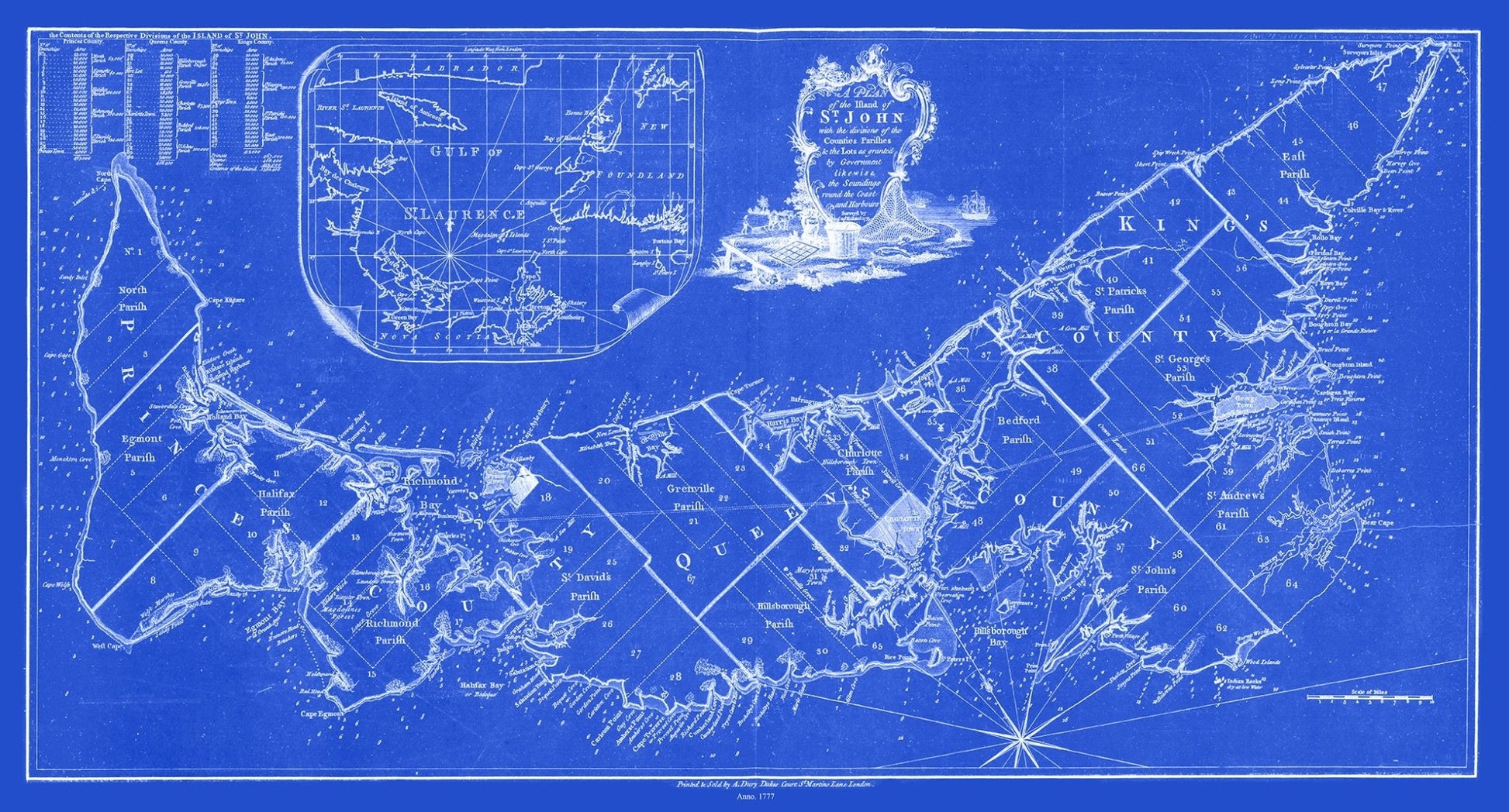 Atlantic Canada: William Faden, A Plan of the island of St. John, 1777 Cyanotype - The Map Chest