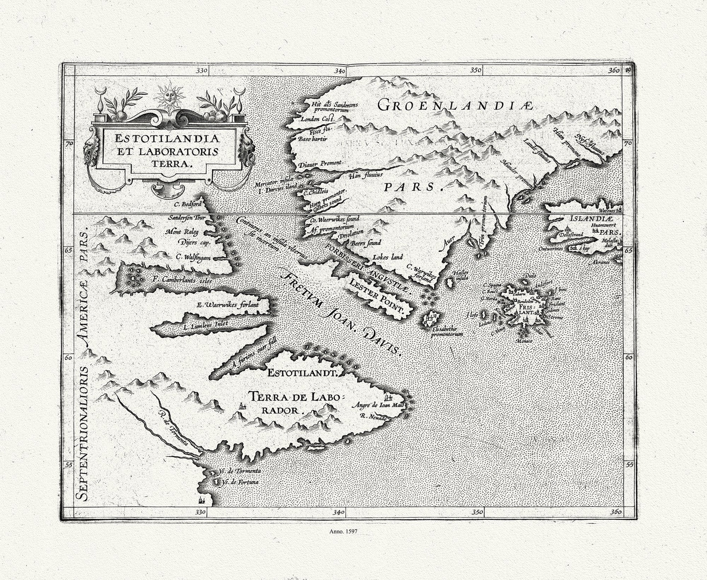 Atlantic Canada: Wytfliet, Corneille, Estotilandia et Laboratoris Terra - East Coast Canada), 1597E - The Map Chest