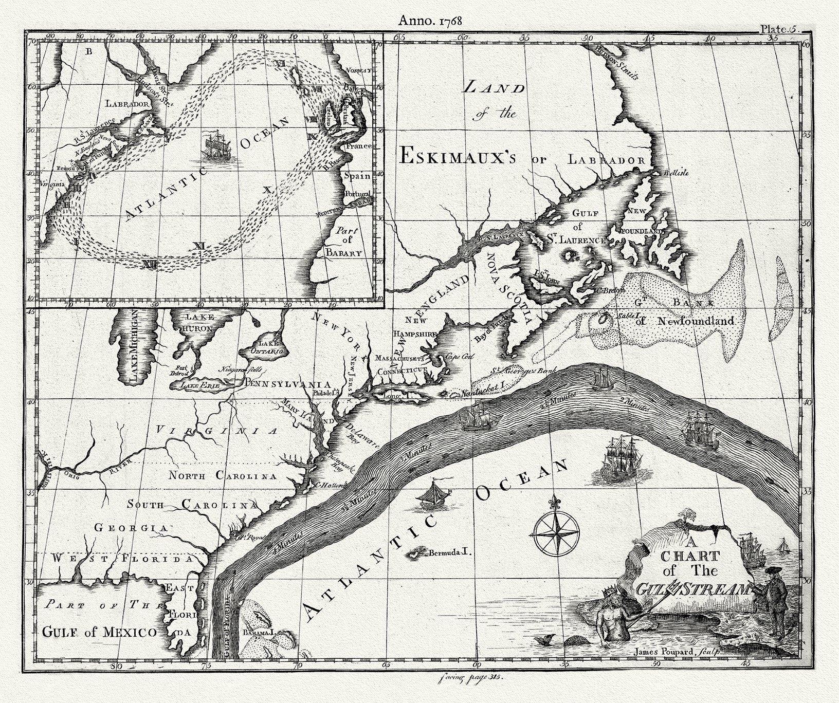 Atlantic Ocean: A chart of the Gulf Stream showing the eastern coast of North America, 1768 - The Map Chest