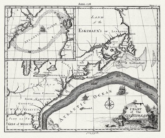 Atlantic Ocean: A chart of the Gulf Stream showing the eastern coast of North America, 1768 - The Map Chest