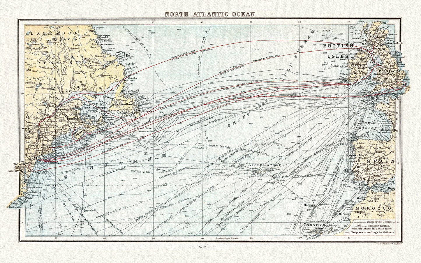 Atlantic Ocean: A Chart of the North Atlantic, 1907 - The Map Chest