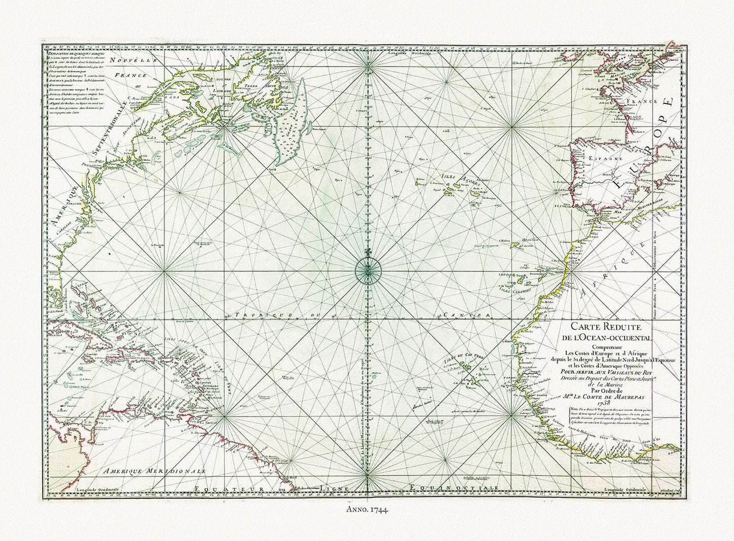 Atlantic Ocean: Bellin, Carte Reduite de l'Ocean Occidental, 1744 - The Map Chest
