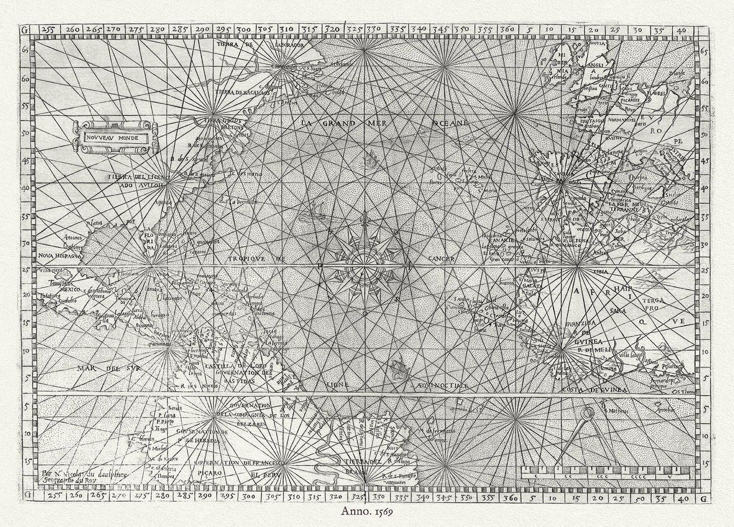 Atlantic Ocean: Chart of the Atlantic Ocean showing Europe and Africa, the eastern half of North America,1569 - The Map Chest