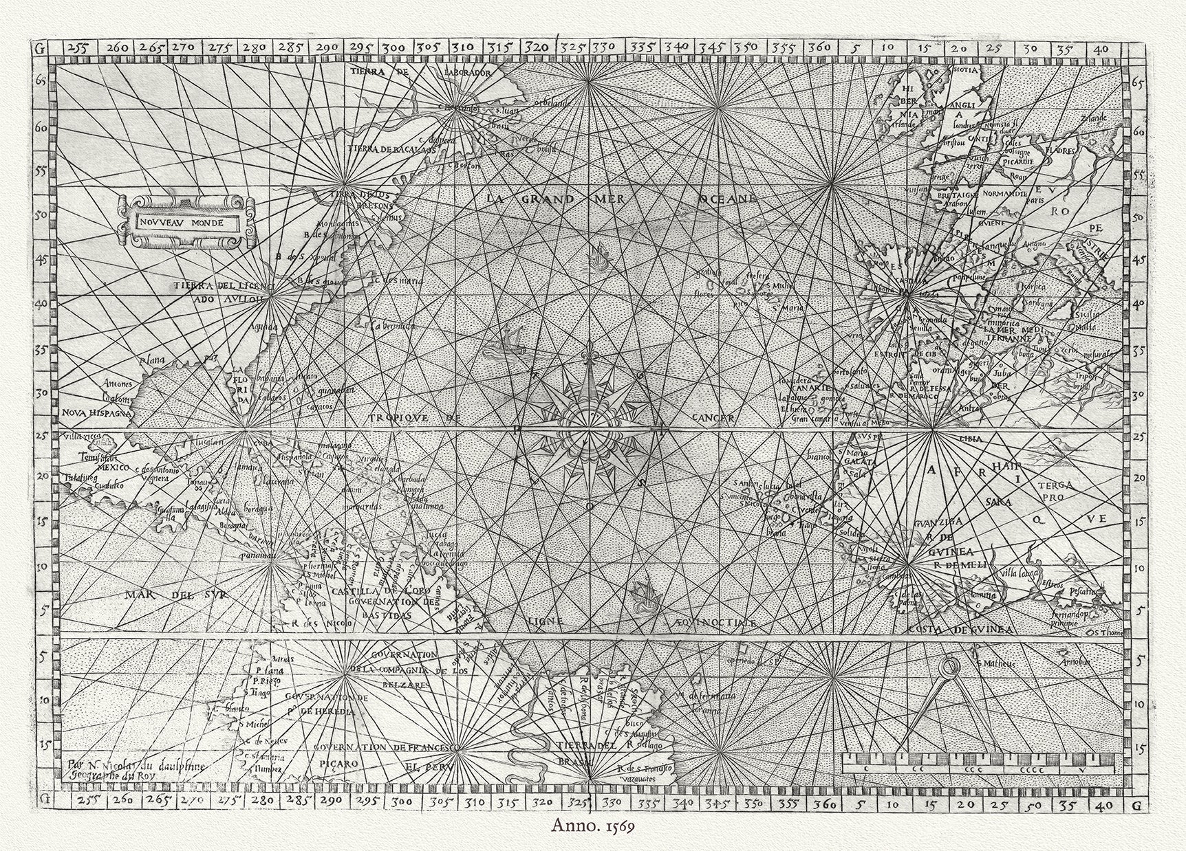 Atlantic Ocean: Chart of the Atlantic Ocean showing Europe and Africa, the eastern half of North America,1569 - The Map Chest