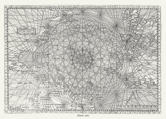 Atlantic Ocean: Chart of the Atlantic Ocean showing Europe and Africa, the eastern half of North America,1569 - The Map Chest