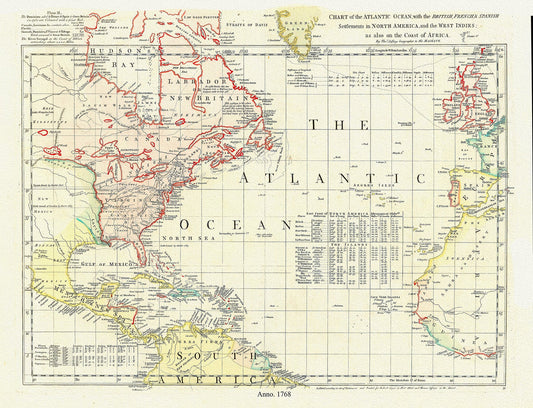 Atlantic Ocean: Chart of the Atlantic Ocean, with the British, French, & Spanish settlements in North America, and the West Indies, as also on the coast of Africa, 1768, Green - The Map Chest
