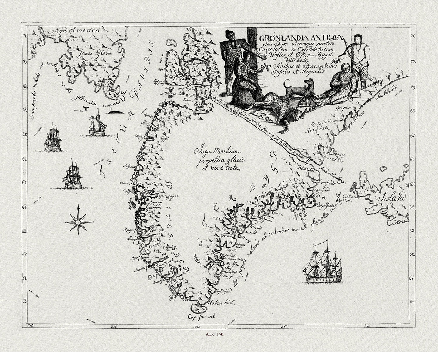 Atlantic Ocean: Greenland: Gronlandia Antiqua Secundum utramque partem Orientalem & Occidentalem, 1741 - The Map Chest